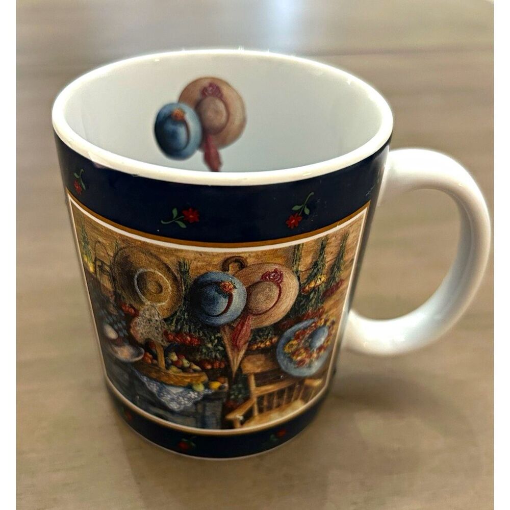 Vintage Lang & Wise Hats & Roses Mug 12 oz Blue White Floral Country Ceramic
